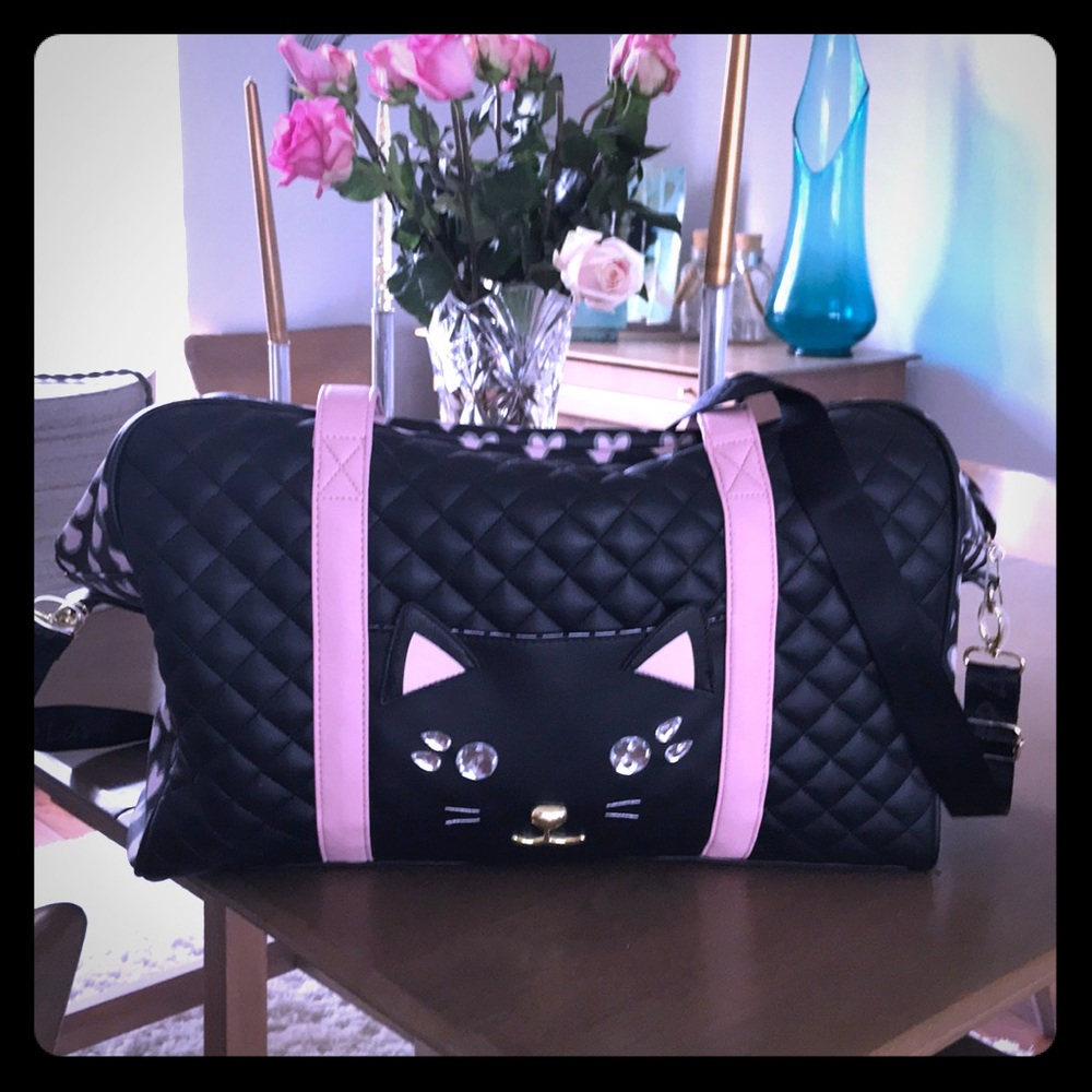 Betsy Johnson pink black cat travel gym duffle